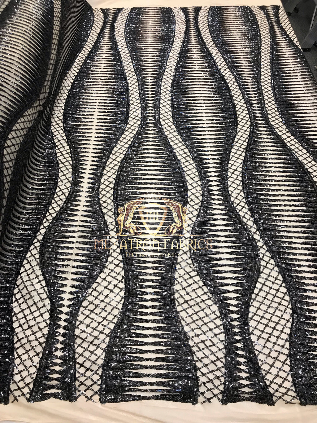 4 Way Stretch - Black - Horizontal Line Design Sequins On Stretch Mesh By The Yard