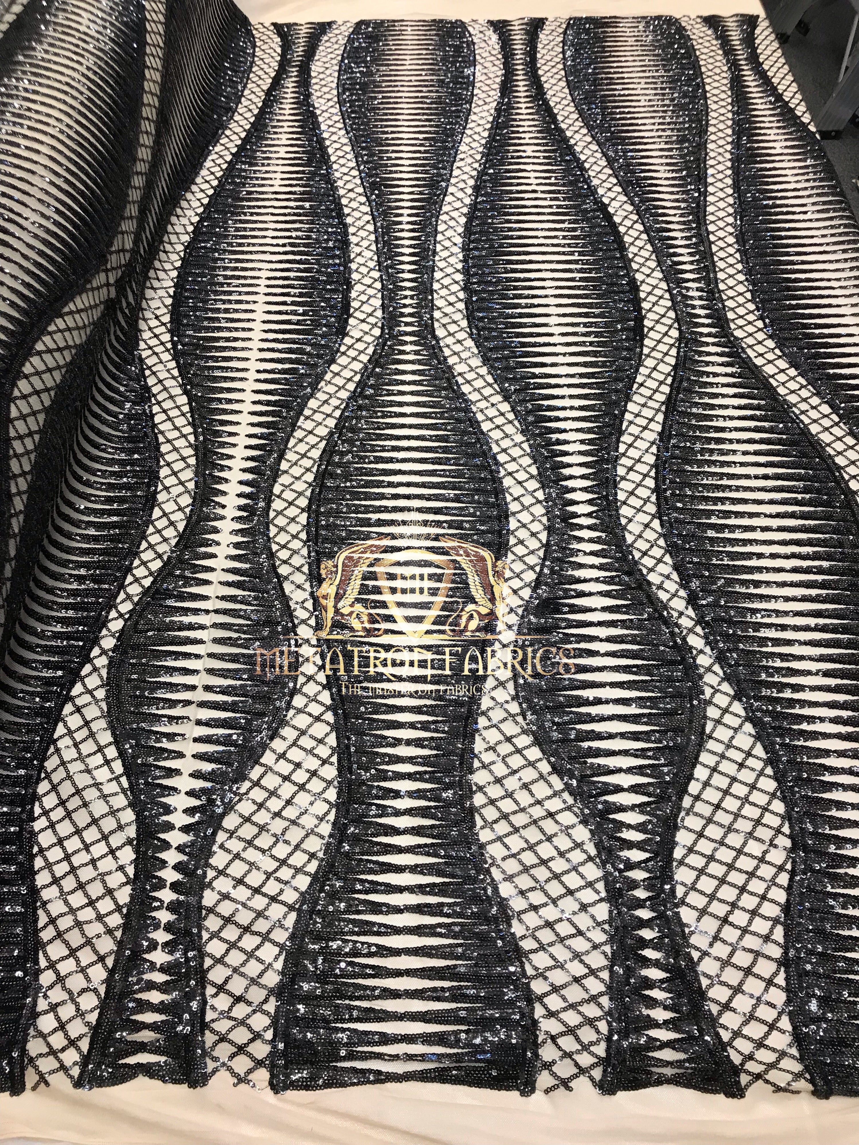 4 Way Stretch - Black - Horizontal Line Design Sequins On Stretch Mesh By The Yard