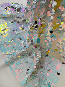 Round Large Sequins - Silver / Aqua Iridescent - Paillette Large Round Sequins Design Fabric By Yard