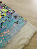 Round Large Sequins - Silver / Aqua Iridescent - Paillette Large Round Sequins Design Fabric By Yard