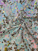 Round Large Sequins - Silver / Aqua Iridescent - Paillette Large Round Sequins Design Fabric By Yard
