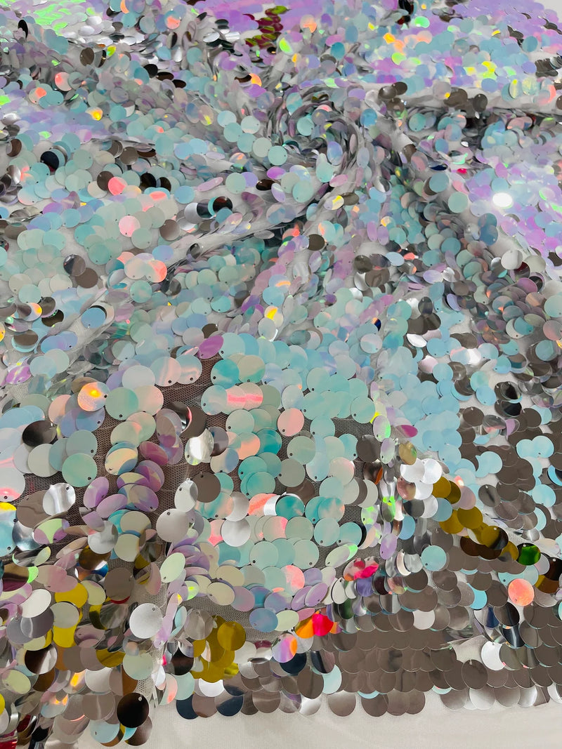 Round Large Sequins - Silver / Aqua Iridescent - Paillette Large Round Sequins Design Fabric By Yard