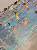 Round Large Sequins - Silver / Aqua Iridescent - Paillette Large Round Sequins Design Fabric By Yard