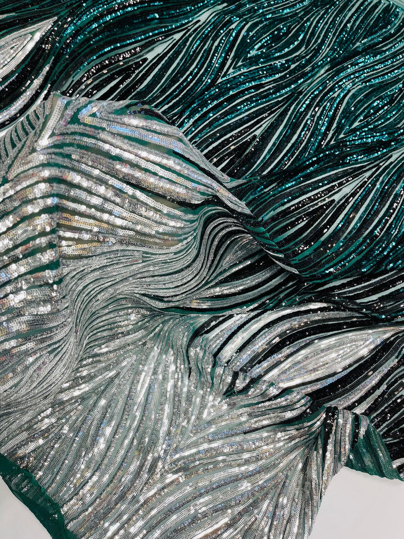 Multi-Color Fabric - Silver / Black - Feather Shape Sequins Fabric Sold By Yard