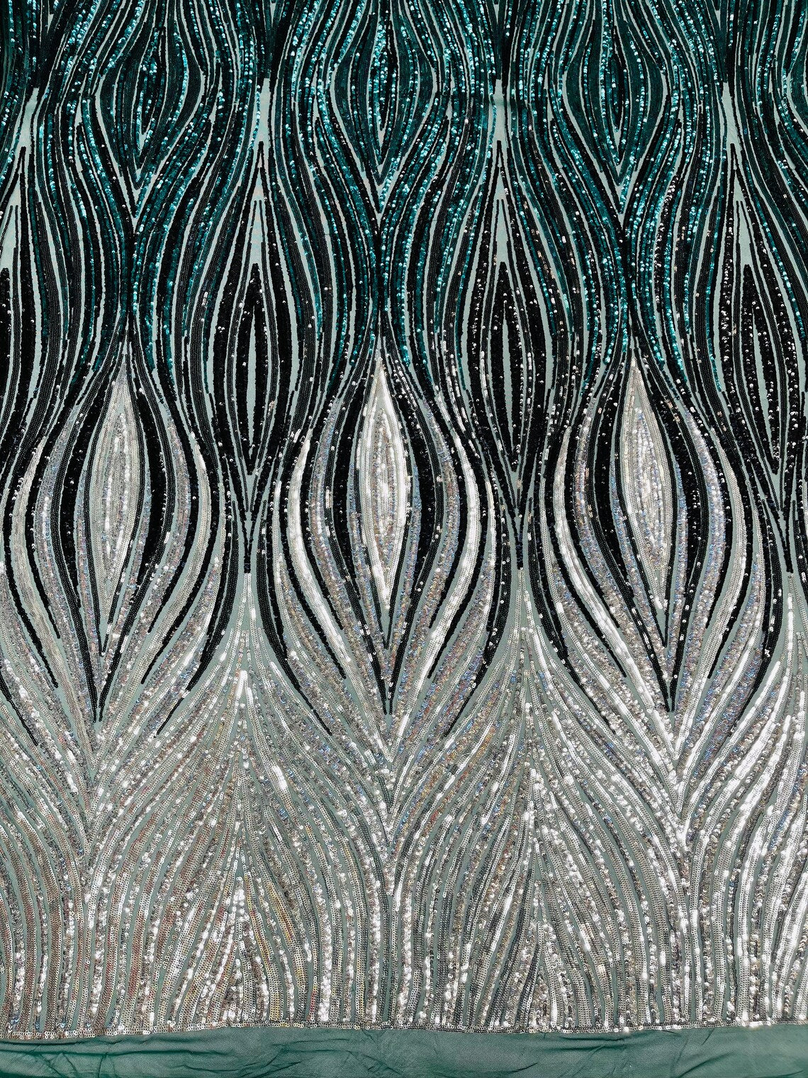 Multi-Color Fabric - Silver / Black - Feather Shape Sequins Fabric Sold By Yard