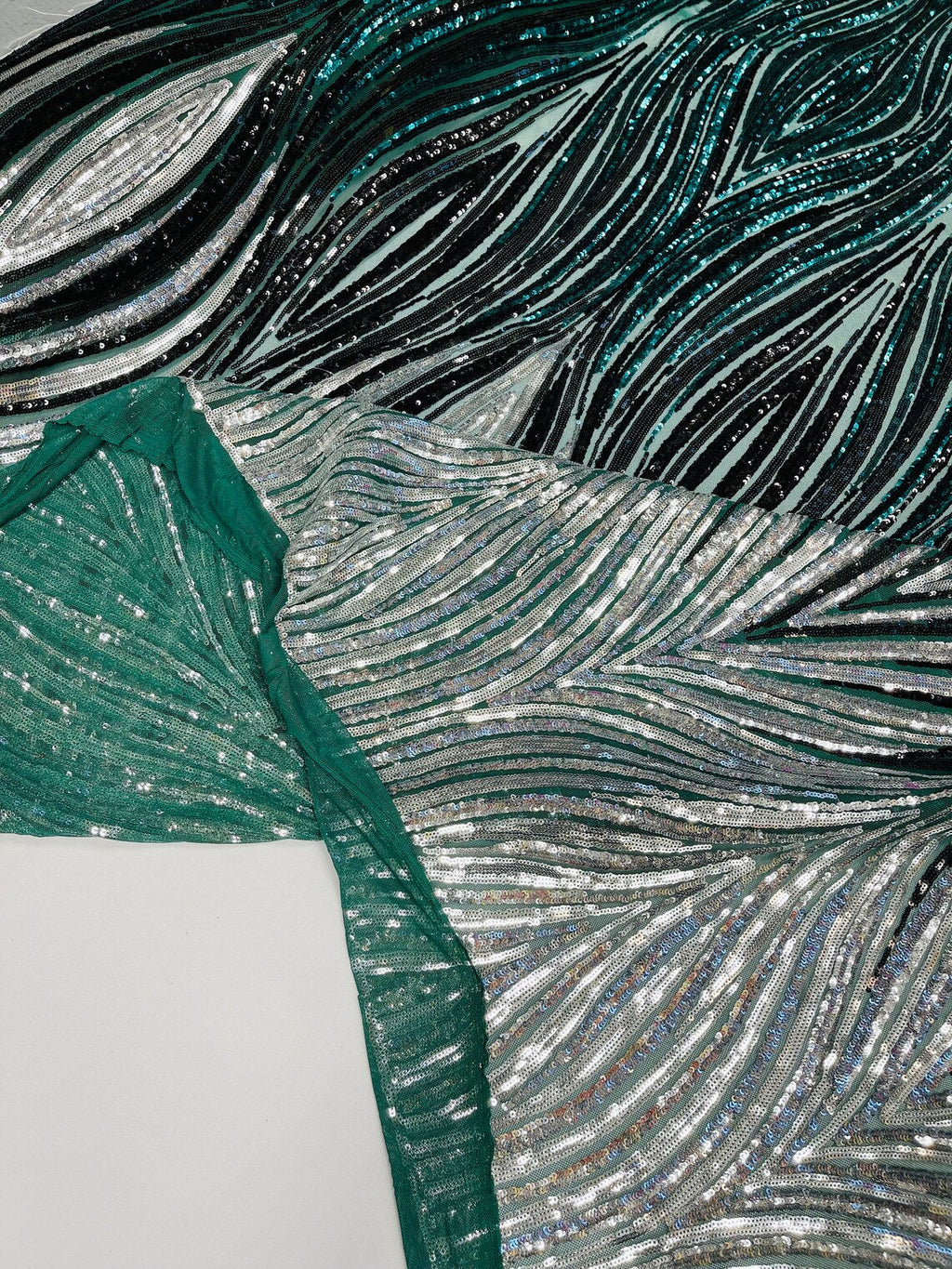 Multi-Color Fabric - Silver / Black - Feather Shape Sequins Fabric Sold By Yard