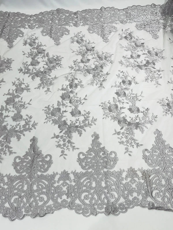 Damask Lace - Floral Damask Design Embroidered on Mesh Lace Fabric - 25 Yard Roll