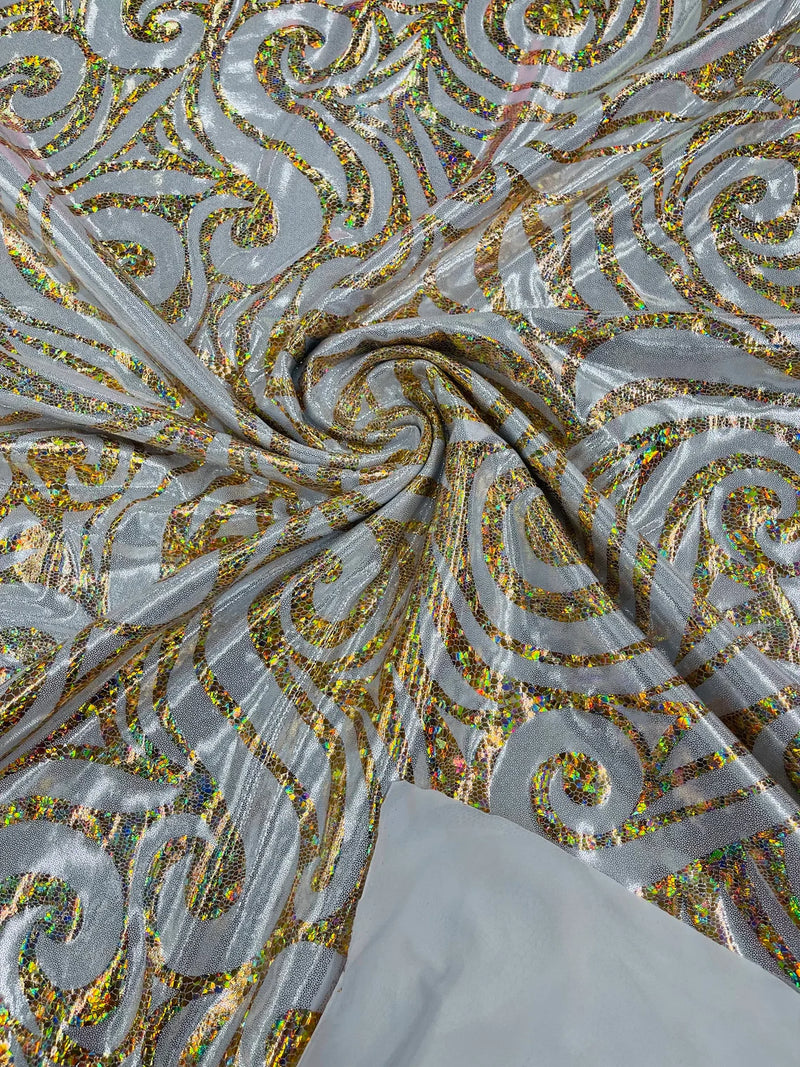 Tribal Swirl Spandex Fabric - Silver / Gold - Hologram Metallic 4-Way Stretch Milliskin Fabric by Yard