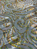 Tribal Swirl Spandex Fabric - Silver / Gold - Hologram Metallic 4-Way Stretch Milliskin Fabric by Yard