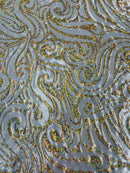 Tribal Swirl Spandex Fabric - Silver / Gold - Hologram Metallic 4-Way Stretch Milliskin Fabric by Yard