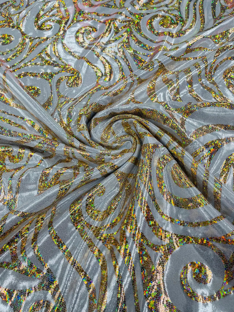 Tribal Swirl Spandex Fabric - Silver / Gold - Hologram Metallic 4-Way Stretch Milliskin Fabric by Yard
