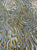 Tribal Swirl Spandex Fabric - Silver / Gold - Hologram Metallic 4-Way Stretch Milliskin Fabric by Yard