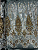 Damask Palm Leaf Design - Silver / Gold on Black - 4 Way Stretch Sequin Fabric on Mesh Sold By Yard