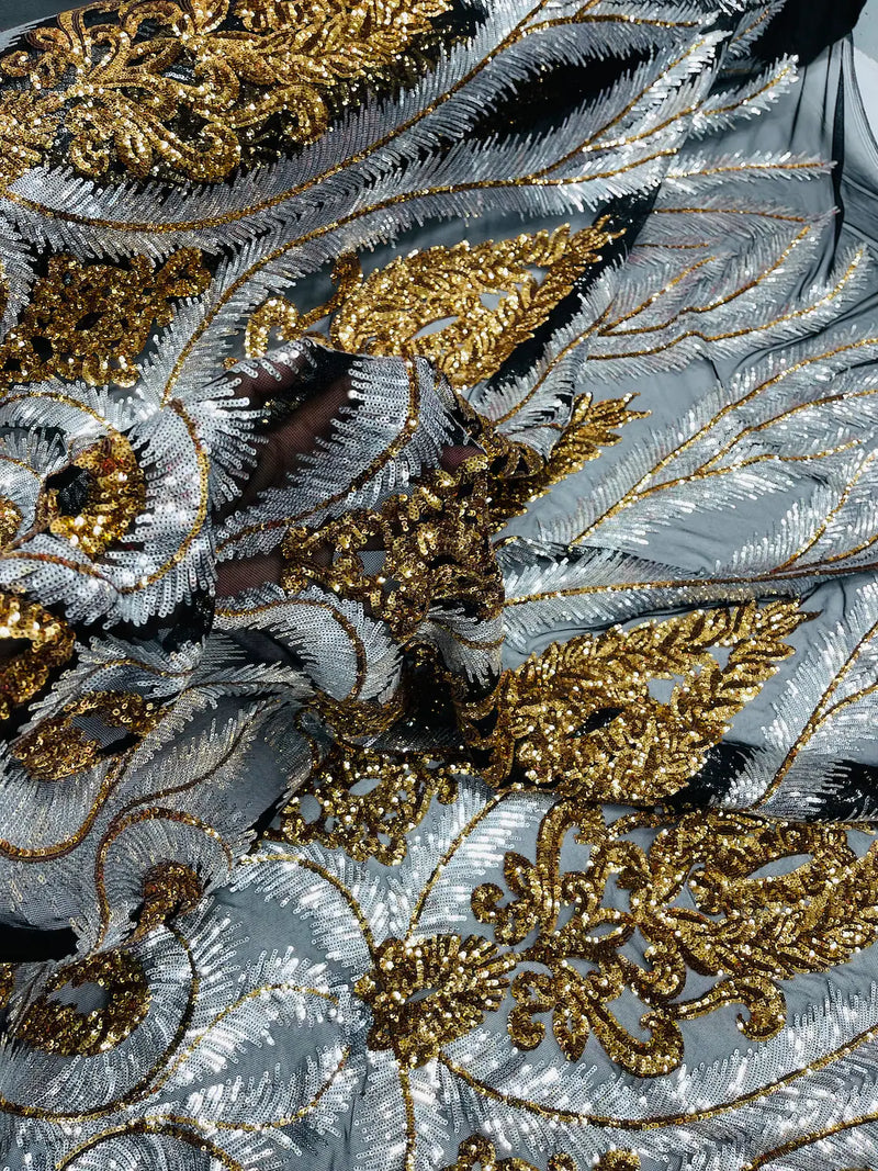 Damask Palm Leaf Design - Silver / Gold on Black - 4 Way Stretch Sequin Fabric on Mesh Sold By Yard