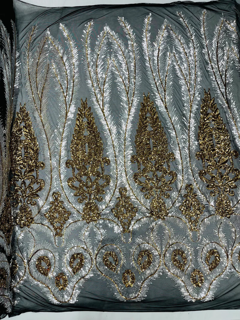 Damask Palm Leaf Design - Silver / Gold on Black - 4 Way Stretch Sequin Fabric on Mesh Sold By Yard