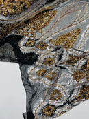 Damask Palm Leaf Design - Silver / Gold on Black - 4 Way Stretch Sequin Fabric on Mesh Sold By Yard