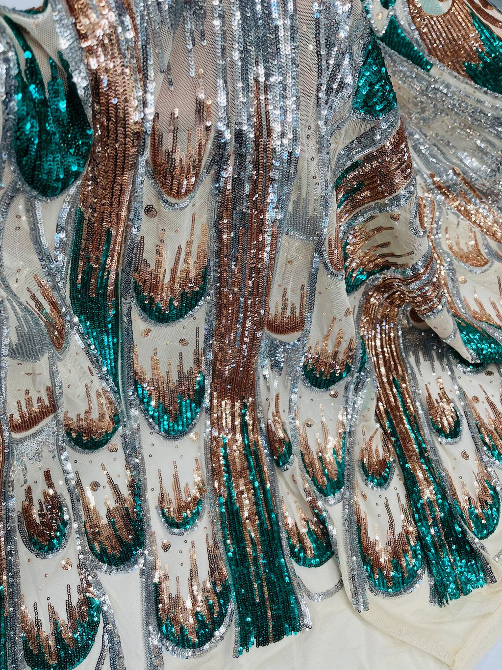 Multi-Color Sequins Design - Silver / Rose Gold / Green - 4 Way Stretch Sequins Fabric By The Yard