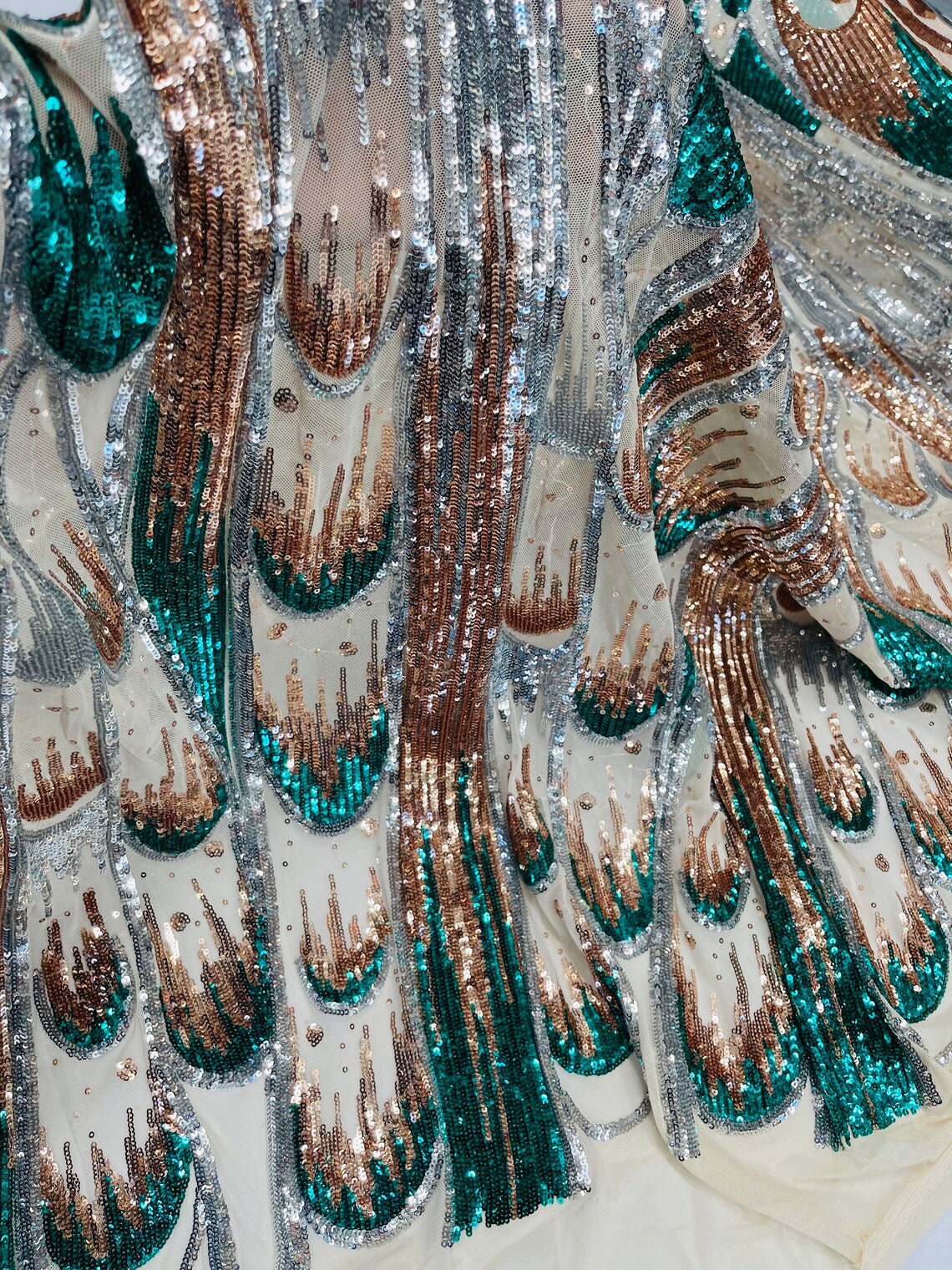 Multi-Color Sequins Design - Silver / Rose Gold / Green - 4 Way Stretch Sequins Fabric By The Yard