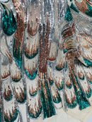 Multi-Color Sequins Design - Silver / Rose Gold / Green - 4 Way Stretch Sequins Fabric By The Yard