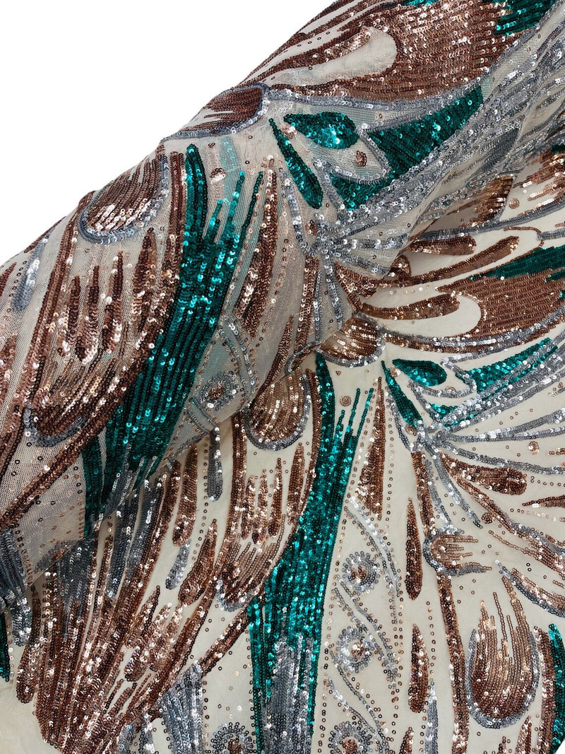 Multi-Color Sequins Design - Silver / Rose Gold / Green - 4 Way Stretch Sequins Fabric By The Yard
