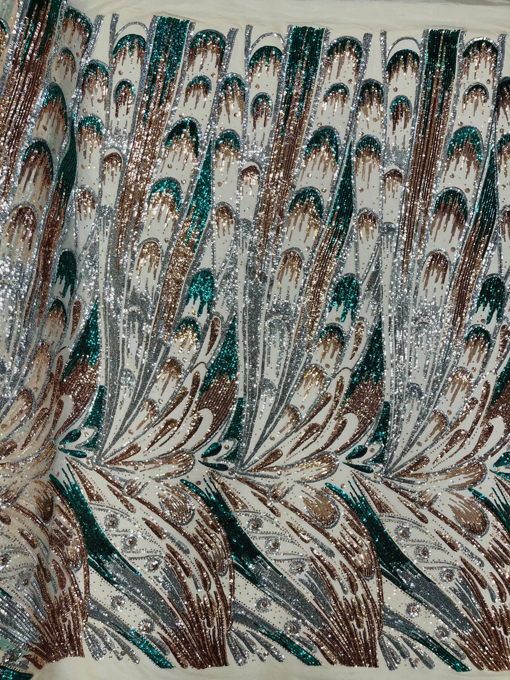 Multi-Color Sequins Design - Silver / Rose Gold / Green - 4 Way Stretch Sequins Fabric By The Yard