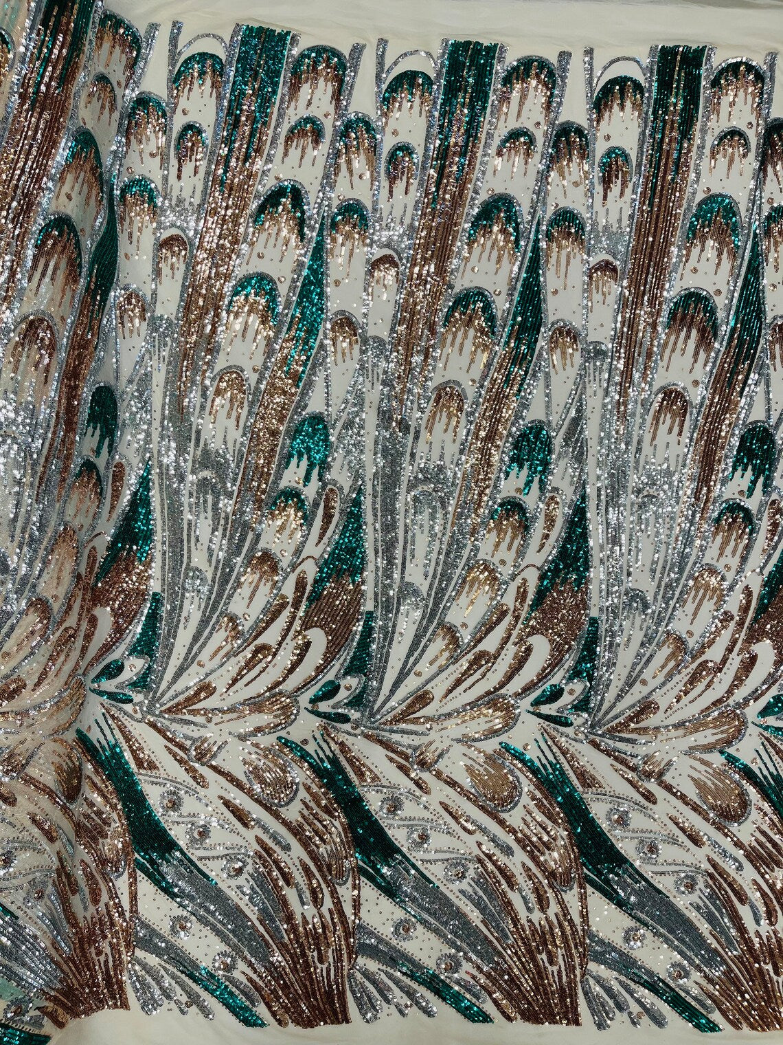 Multi-Color Sequins Design - Silver / Rose Gold / Green - 4 Way Stretch Sequins Fabric By The Yard