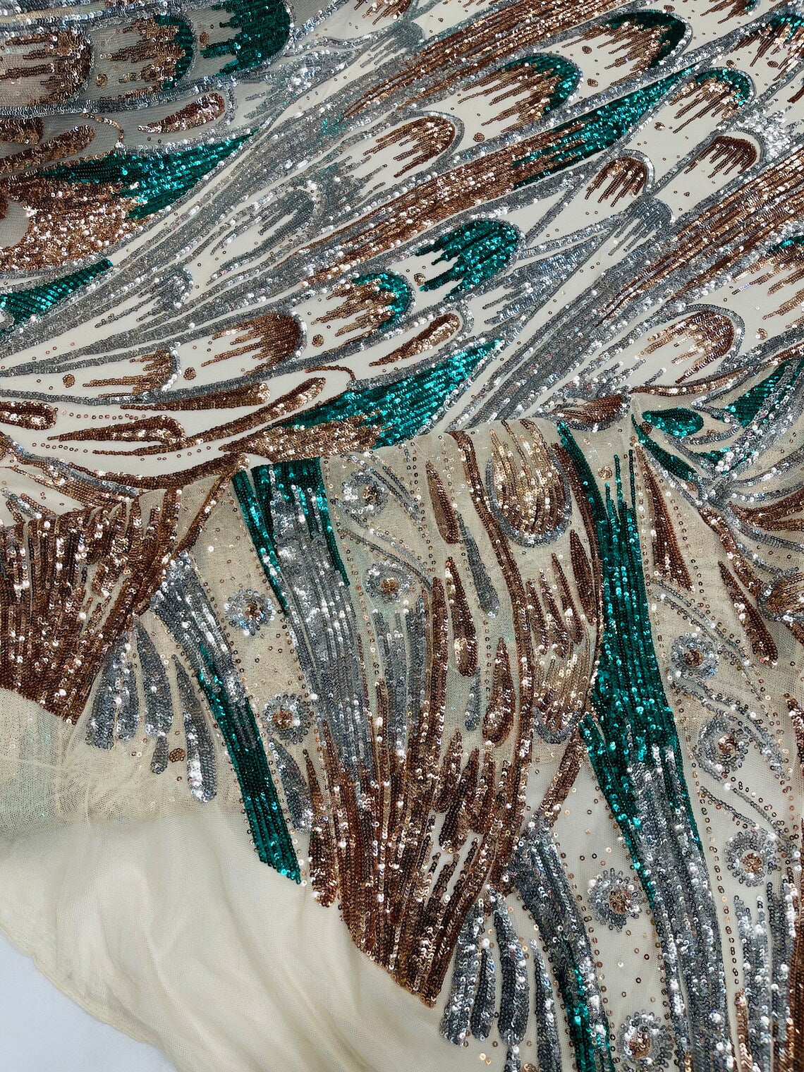 Multi-Color Sequins Design - Silver / Rose Gold / Green - 4 Way Stretch Sequins Fabric By The Yard