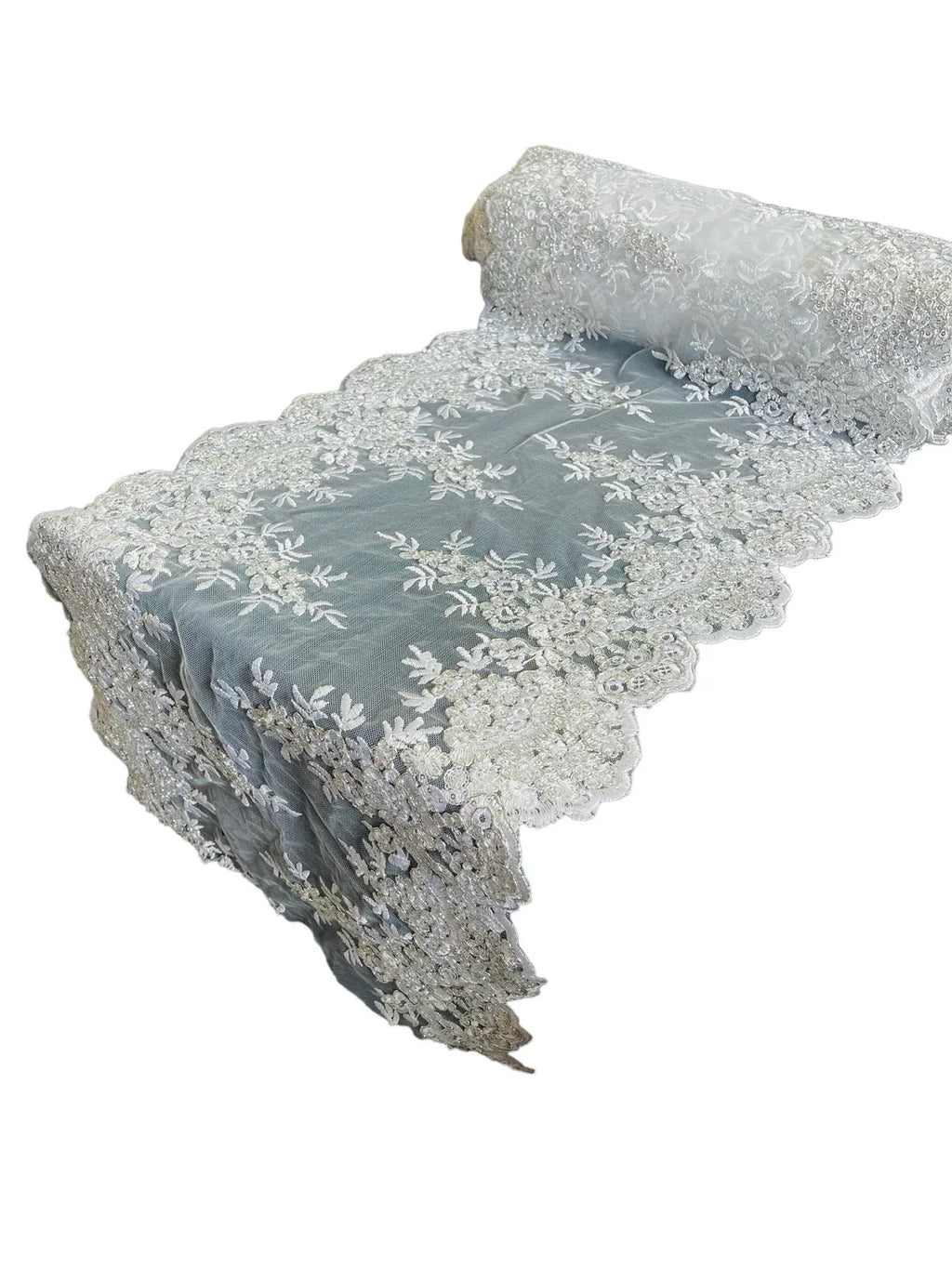 14" Metallic Flower Lace Table Runner - Silver/ White - Floral Runner for Event Decor Sold By The Yard