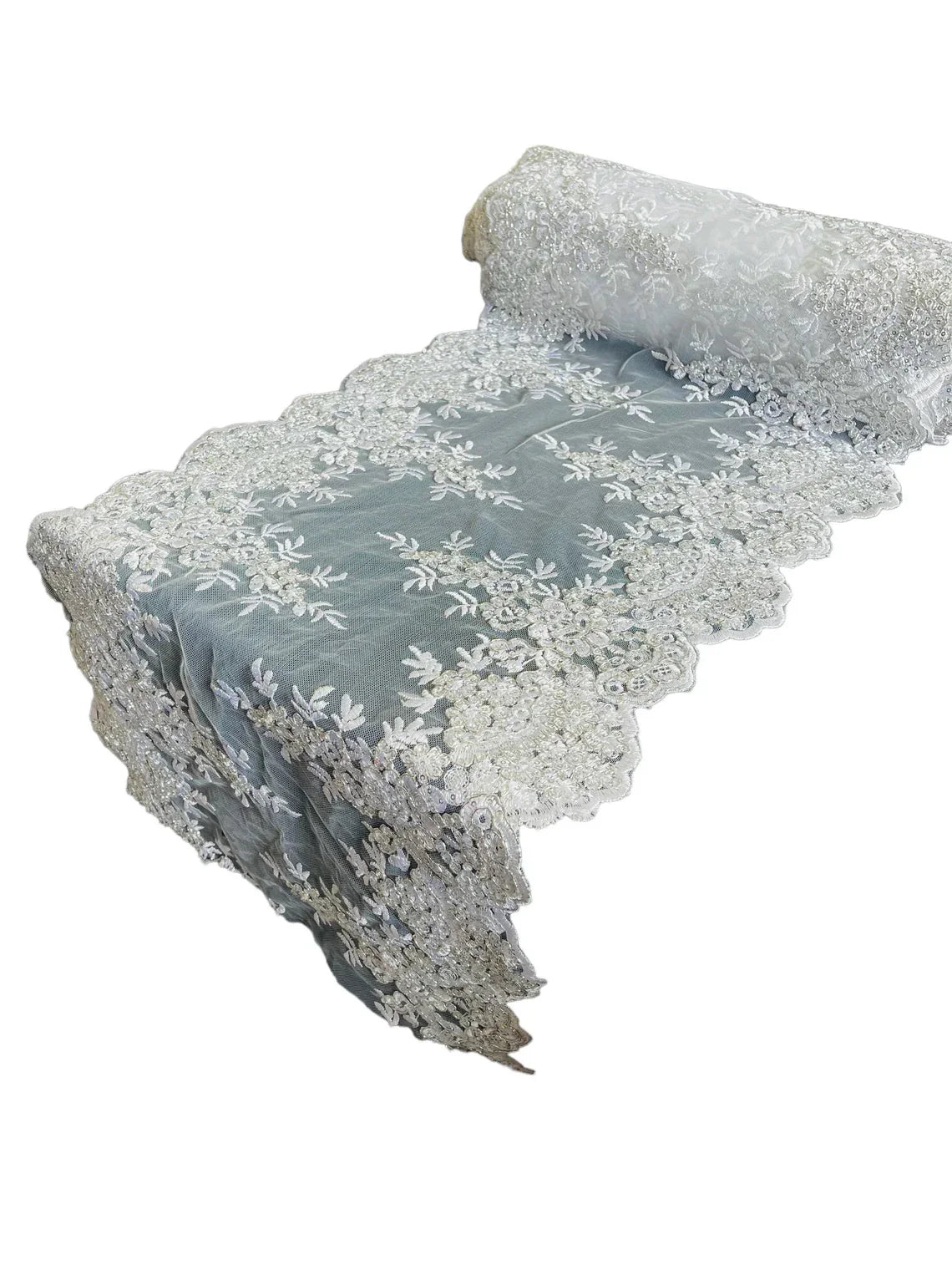 14" Metallic Flower Lace Table Runner - Silver/ White - Floral Runner for Event Decor Sold By The Yard