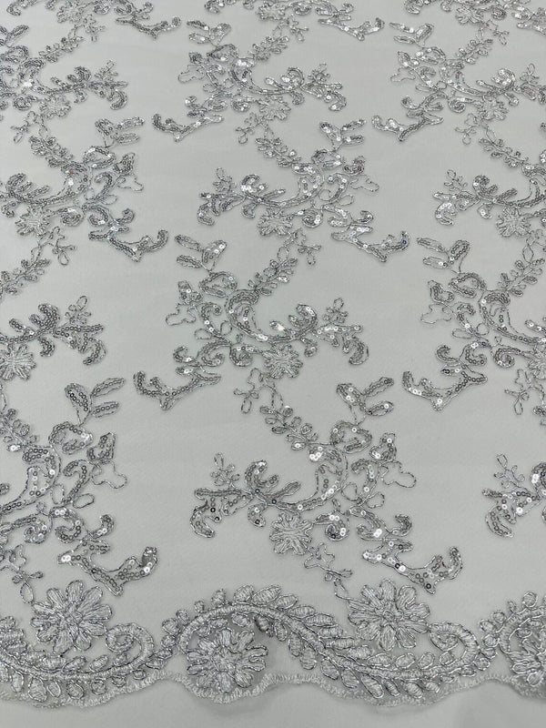 Floral Sequins Lace Fabric - Silver / White - Embroidery Flower Clusters Design with Shiny Sequins  Fabric Sold By Yard