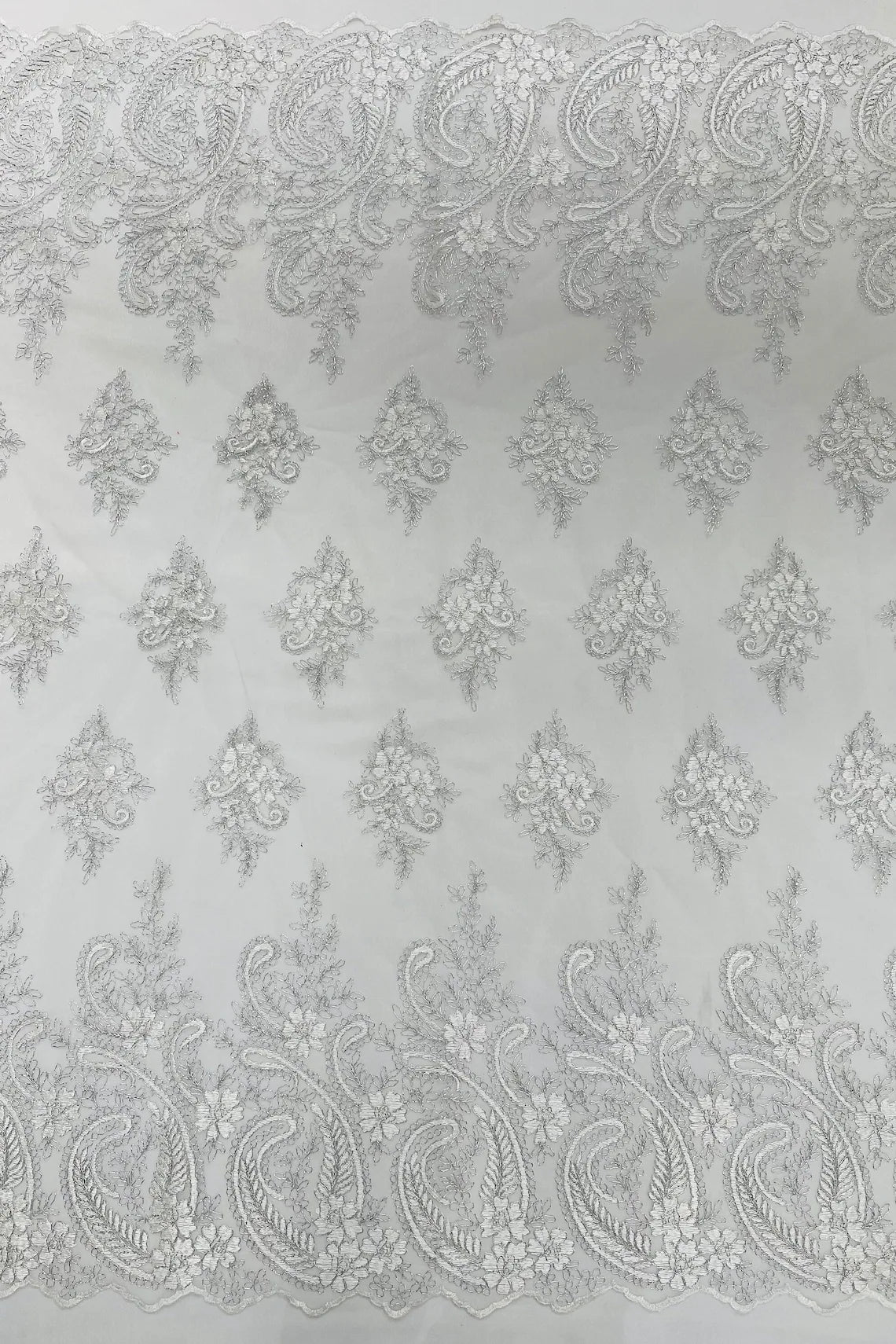 Metallic Corded Lace - Silver / White - Paisley Floral Fabric with Metallic Thread on a Mesh Lace By Yard