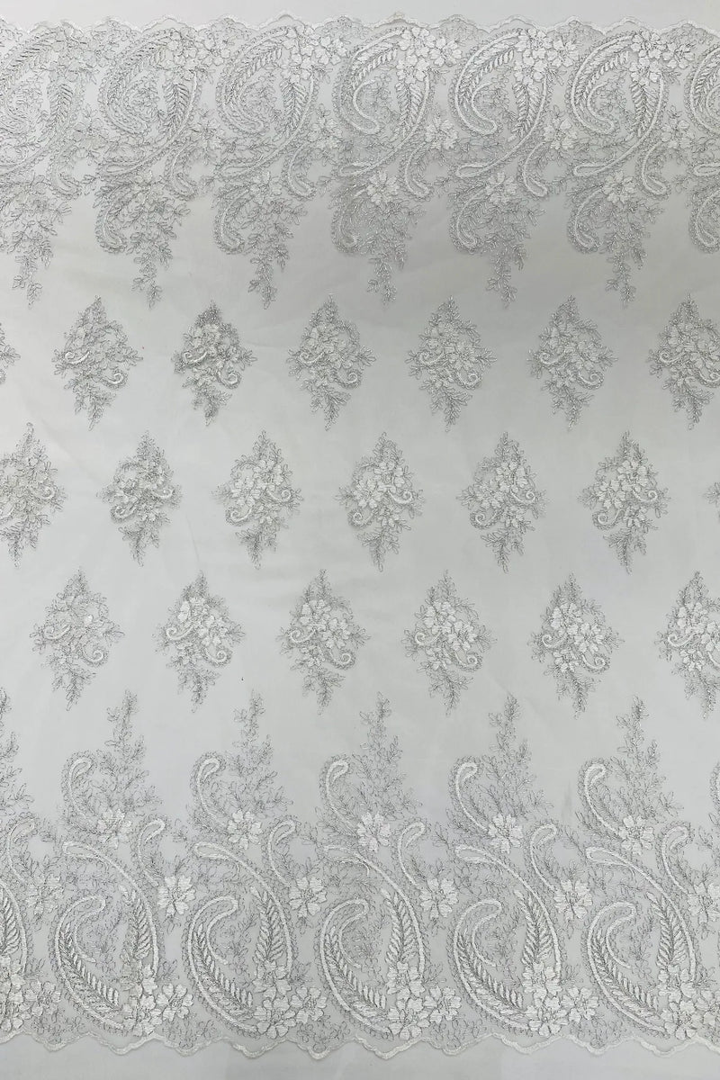 Metallic Corded Lace - Silver / White - Paisley Floral Fabric with Metallic Thread on a Mesh Lace By Yard