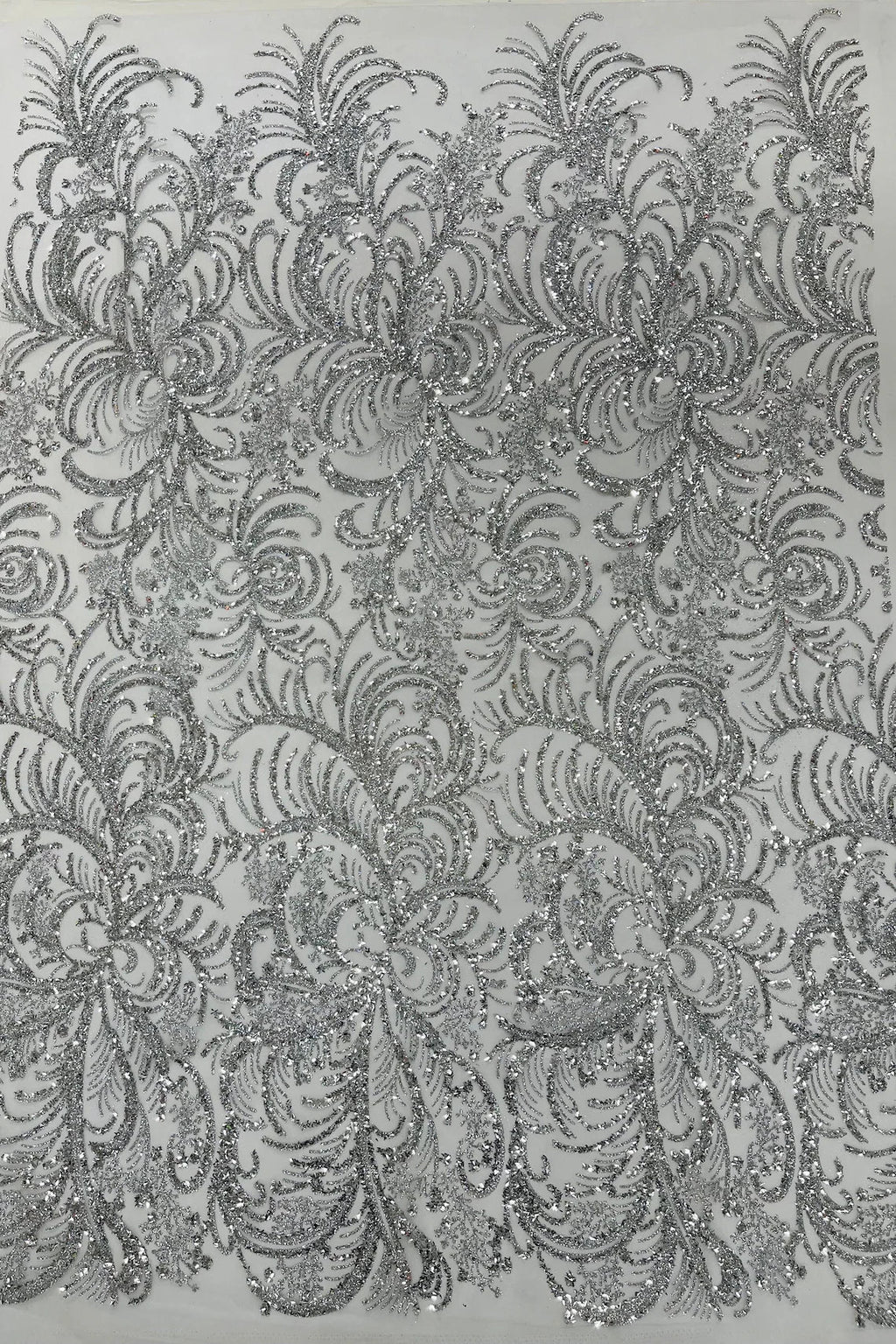Glitter Palm Leaf Design Fabric - Silver / White - Tulle Mesh Glitter Leaf Design Fabric Sold By Yard