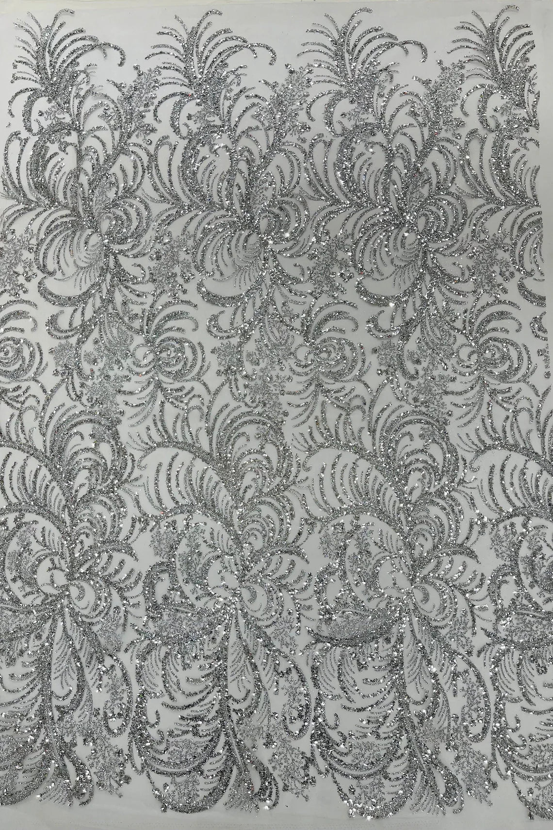 Glitter Palm Leaf Design Fabric - Silver / White - Tulle Mesh Glitter Leaf Design Fabric Sold By Yard