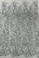 Glitter Palm Leaf Design Fabric - Silver / White - Tulle Mesh Glitter Leaf Design Fabric Sold By Yard