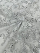 Floral Sequins Lace Fabric - Silver / White - Embroidery Flower Clusters Design with Shiny Sequins  Fabric Sold By Yard