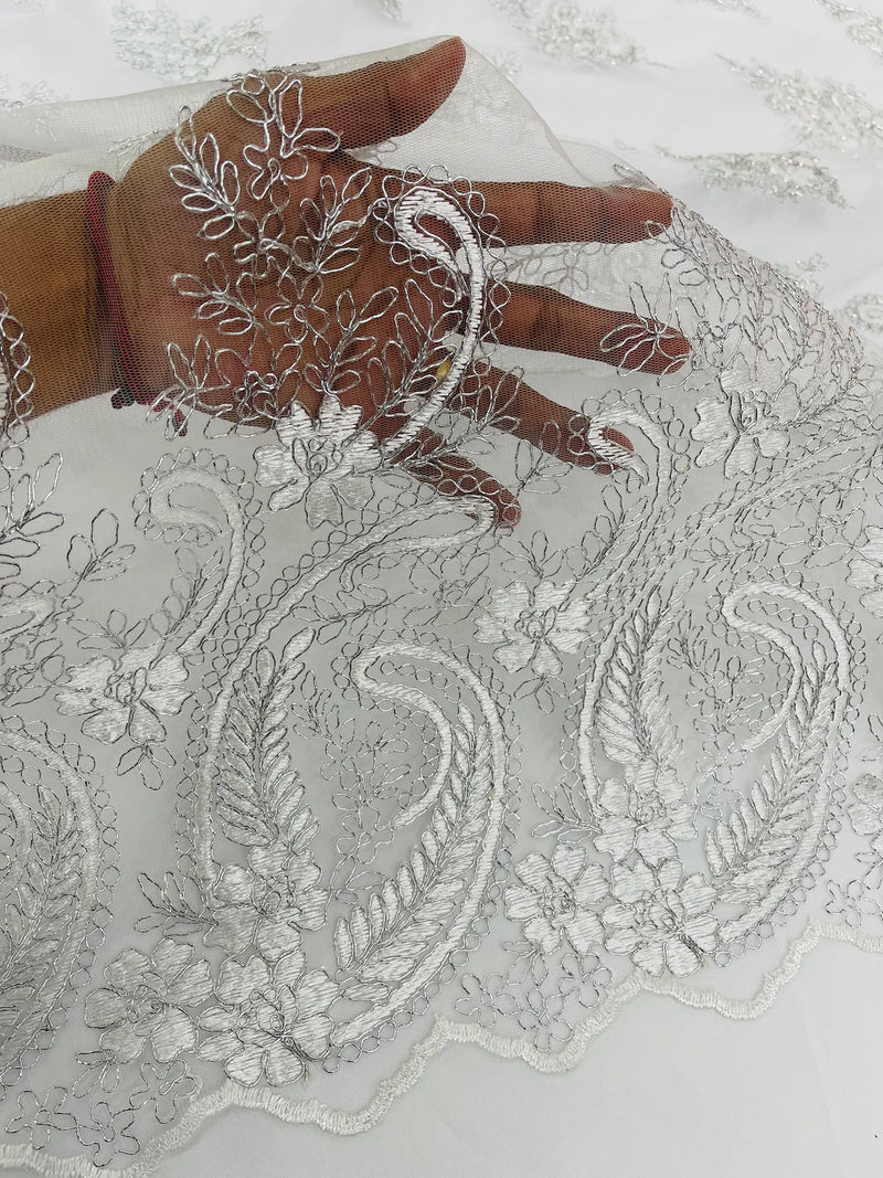 Metallic Corded Lace - Silver / White - Paisley Floral Fabric with Metallic Thread on a Mesh Lace By Yard