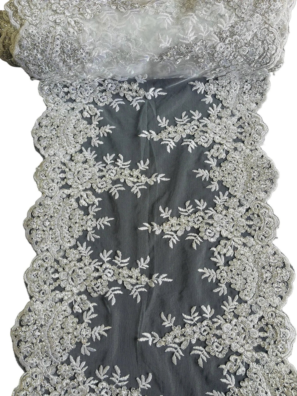 14" Metallic Flower Lace Table Runner - Silver/ White - Floral Runner for Event Decor Sold By The Yard