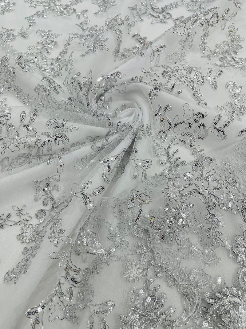 Floral Sequins Lace Fabric - Silver / White - Embroidery Flower Clusters Design with Shiny Sequins  Fabric Sold By Yard