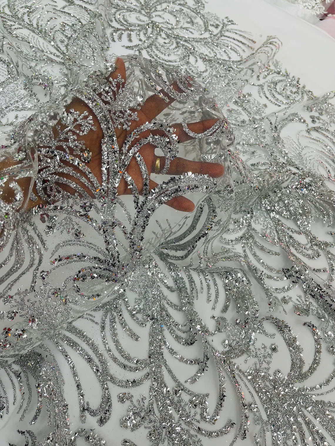 Glitter Palm Leaf Design Fabric - Silver / White - Tulle Mesh Glitter Leaf Design Fabric Sold By Yard