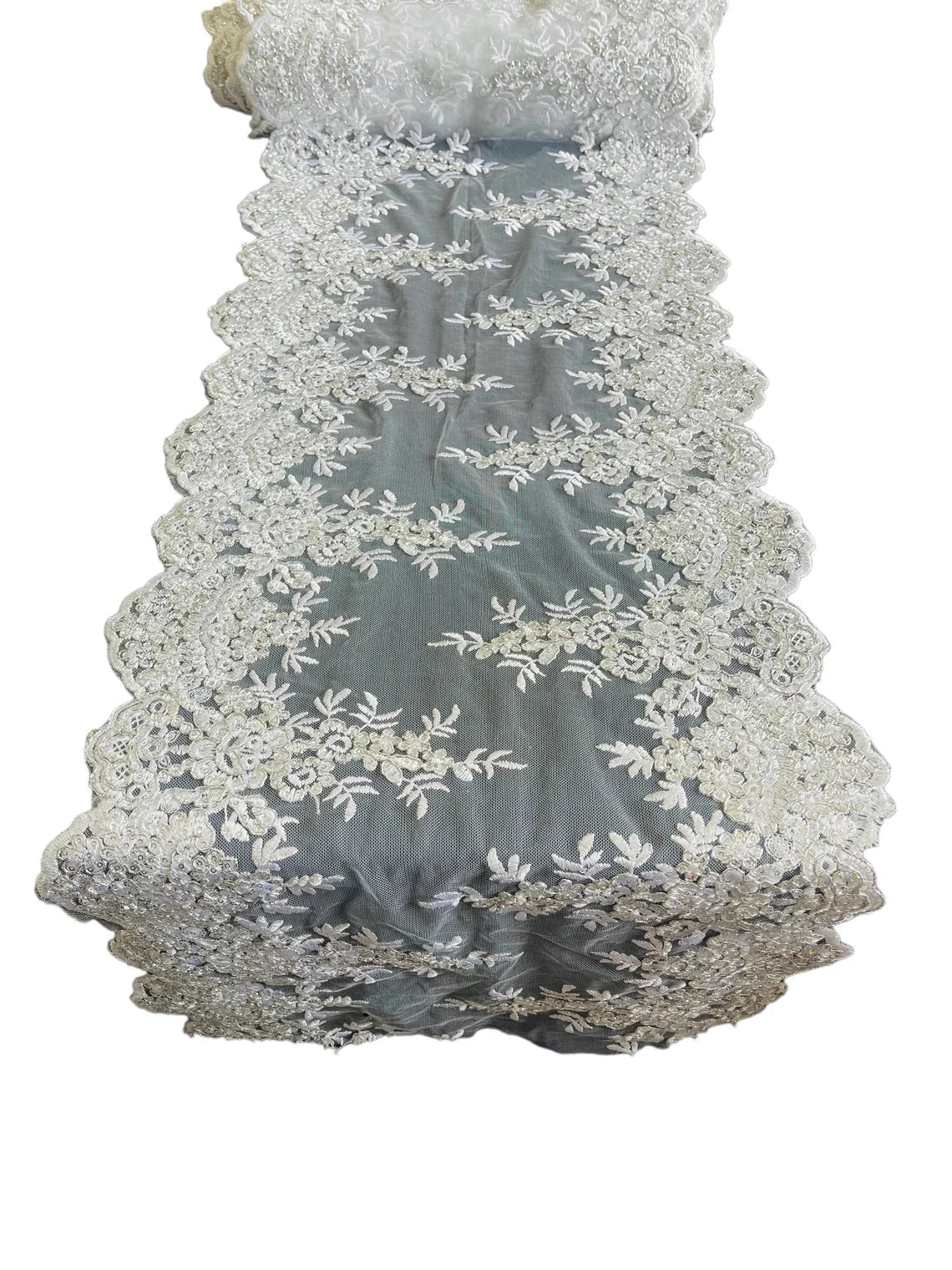 14" Metallic Flower Lace Table Runner - Silver/ White - Floral Runner for Event Decor Sold By The Yard