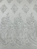 Metallic Corded Lace - Silver / White - Paisley Floral Fabric with Metallic Thread on a Mesh Lace By Yard
