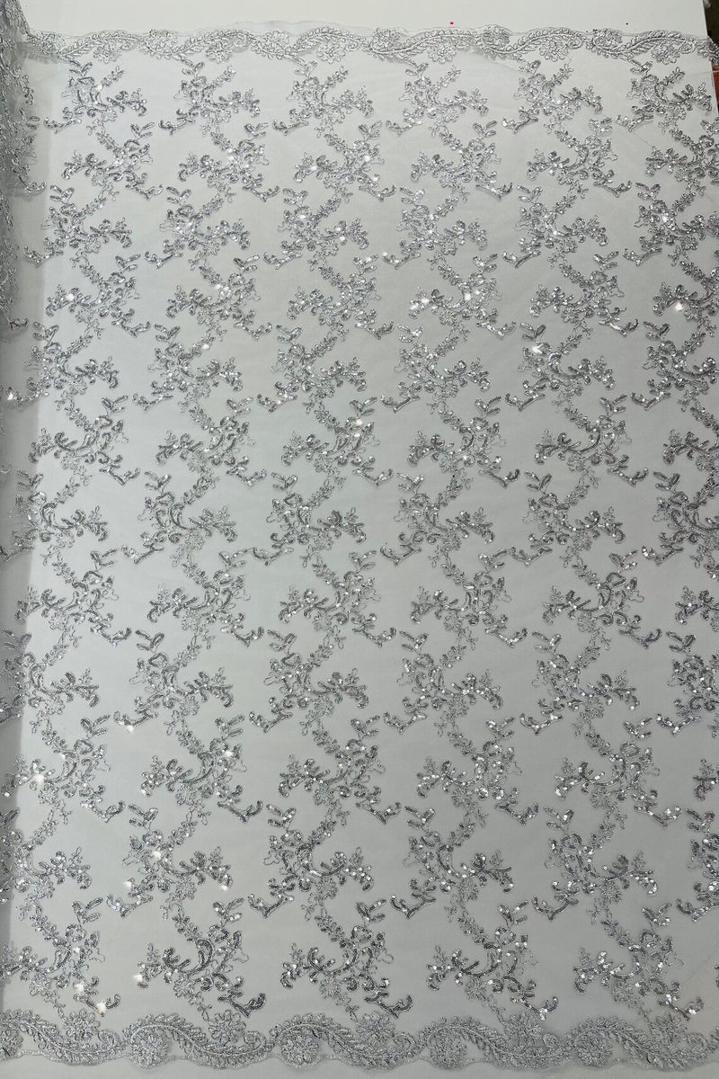 Floral Sequins Lace Fabric - Silver / White - Embroidery Flower Clusters Design with Shiny Sequins  Fabric Sold By Yard