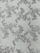 Floral Sequins Lace Fabric - Silver / White - Embroidery Flower Clusters Design with Shiny Sequins  Fabric Sold By Yard