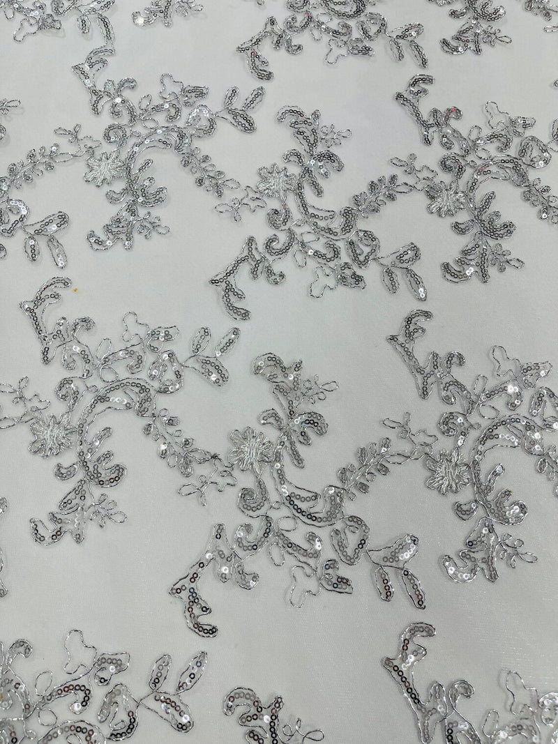 Floral Sequins Lace Fabric - Silver / White - Embroidery Flower Clusters Design with Shiny Sequins  Fabric Sold By Yard