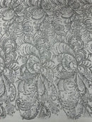 Glitter Palm Leaf Design Fabric - Silver / White - Tulle Mesh Glitter Leaf Design Fabric Sold By Yard