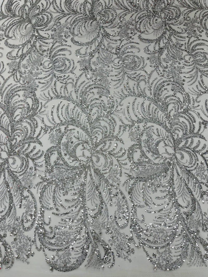 Glitter Palm Leaf Design Fabric - Silver / White - Tulle Mesh Glitter Leaf Design Fabric Sold By Yard