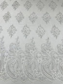 Metallic Corded Lace - Silver / White - Paisley Floral Fabric with Metallic Thread on a Mesh Lace By Yard