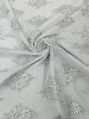 Metallic Corded Lace - Silver / White - Paisley Floral Fabric with Metallic Thread on a Mesh Lace By Yard