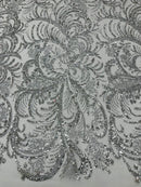 Glitter Palm Leaf Design Fabric - Silver / White - Tulle Mesh Glitter Leaf Design Fabric Sold By Yard